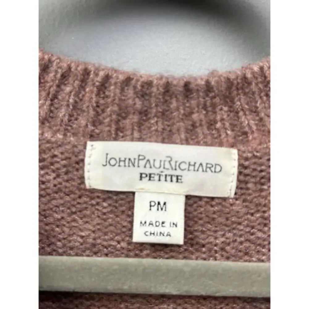 John Paul Richard Cable knit sweater Womens Petite Medium PM Button‎ Rose Tan